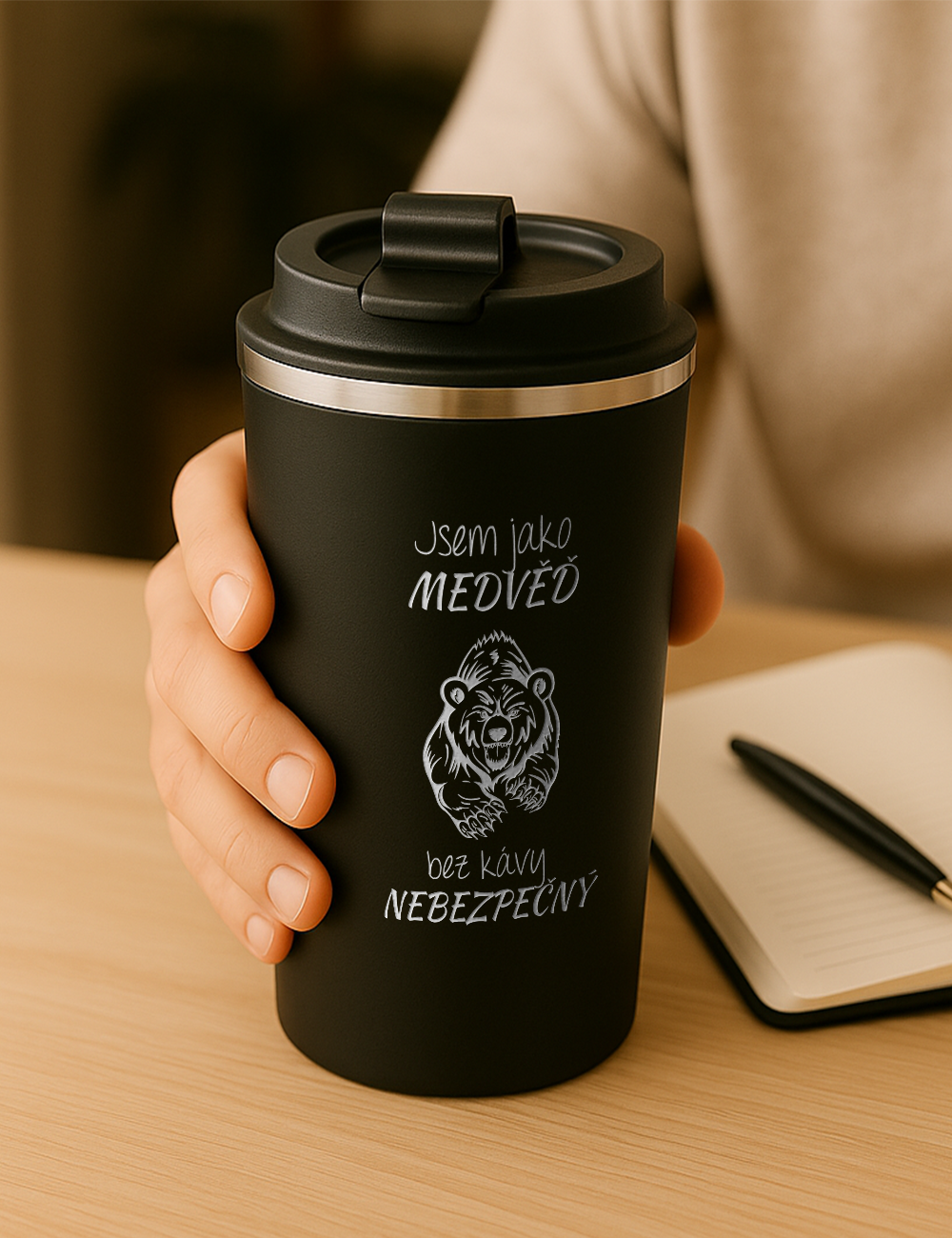 Nerezový termohrnek NASSAU- Jsem jako medvěď bez kávy nebezpečný
