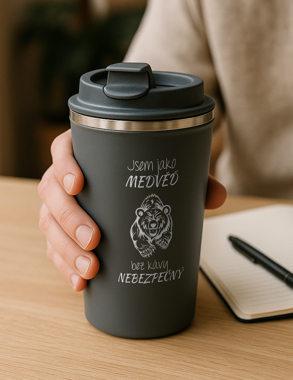 Nerezový termohrnek NASSAU- Jsem jako medvěď bez kávy nebezpečný